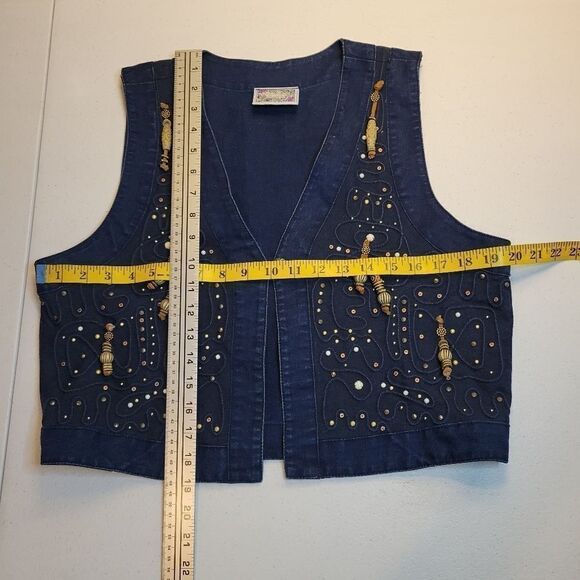 Monique Fashions Denim Jean Boho Vintage Studded Beaded Fringe Vest Western - Picture 10 of 10